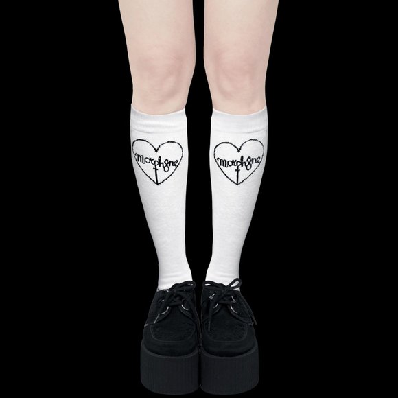 Morph8ne Goth Punk School Girl Heart White Logo High Knee Socks - Picture 1 of 4